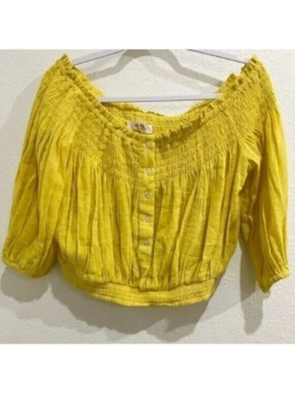 Free People Gauzy Yellow Feminine Top Puff Sleeve On Off Shoulder Cottagecore